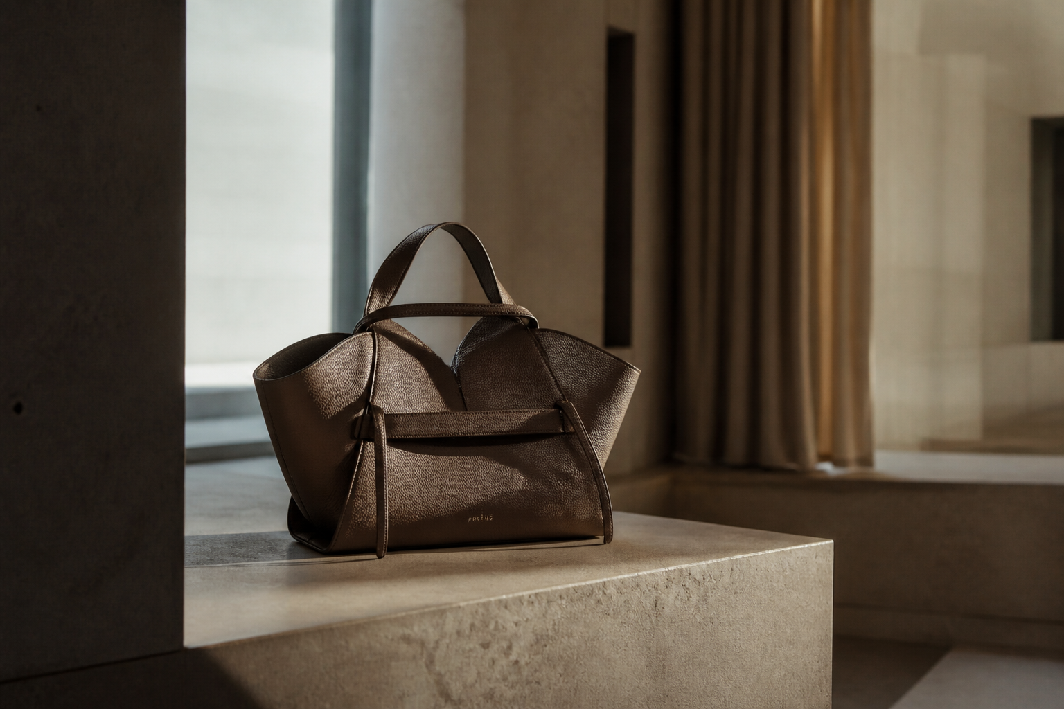 Brown structured handbag on a stone pedestal