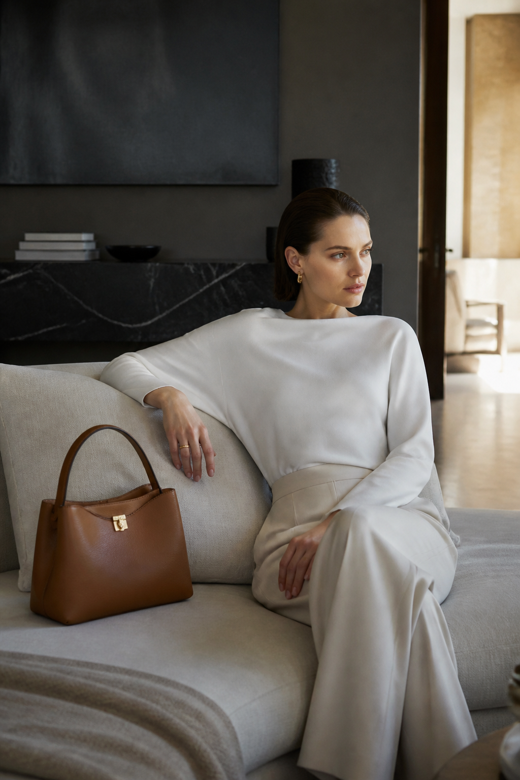 Woman seated beside a brown Pakito handbag