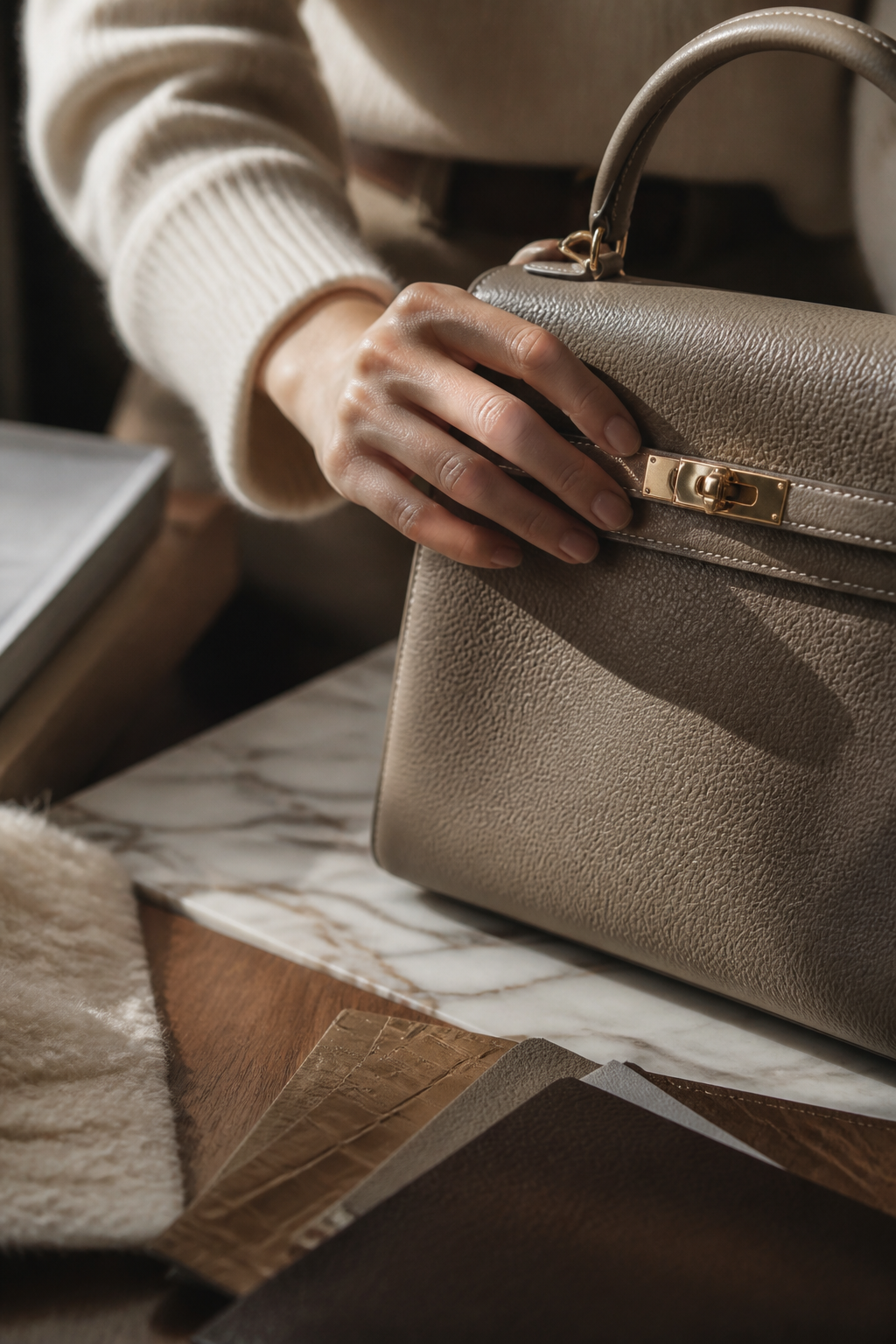 Hand resting on a textured Pakito handbag