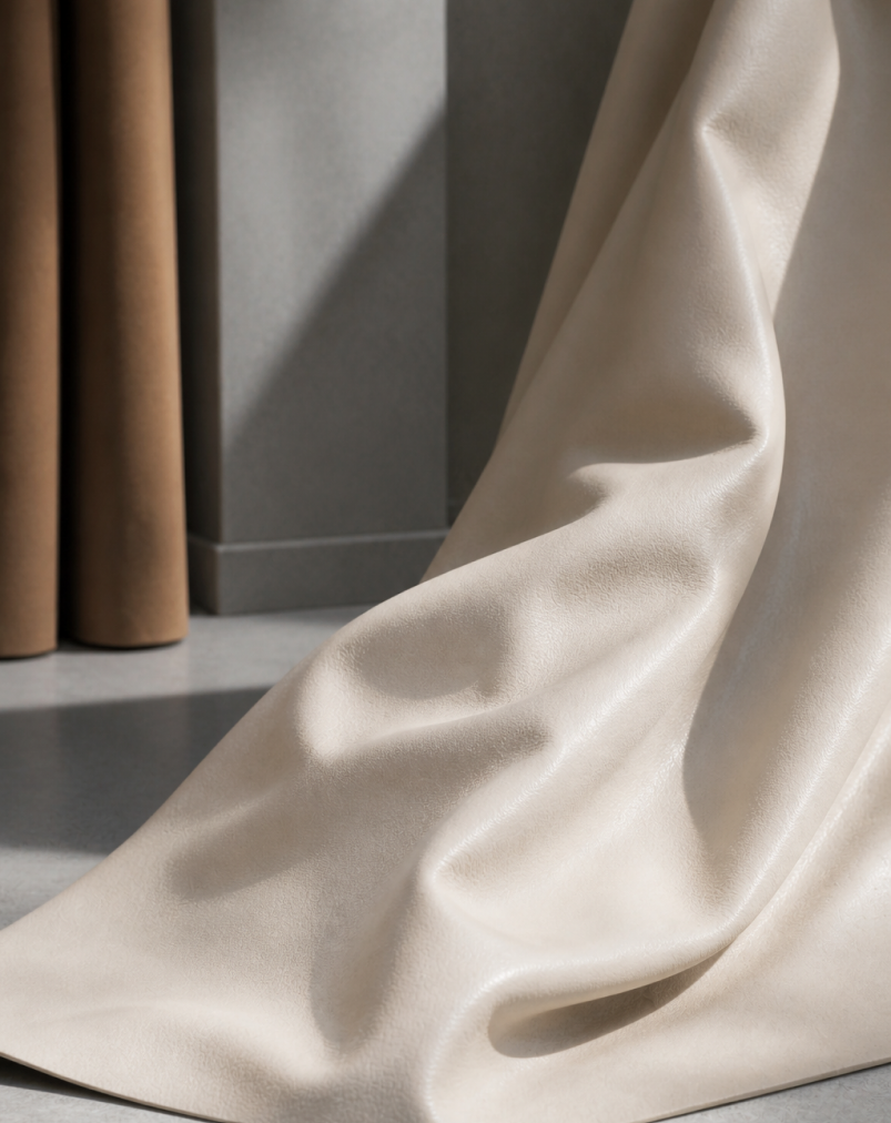 Soft ivory material draped beside neutral curtains
