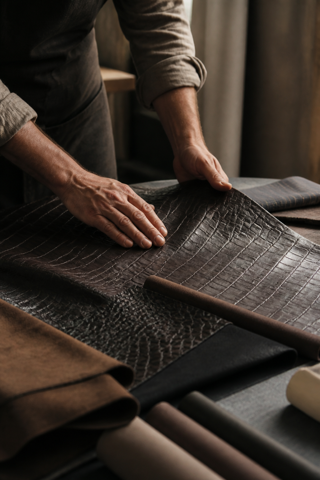 Craftsperson examining textured leather on a workbench