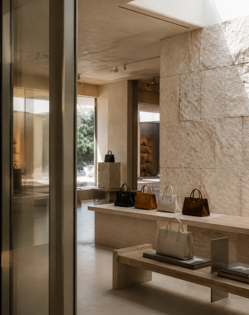Pakito handbags displayed in a stone boutique interior