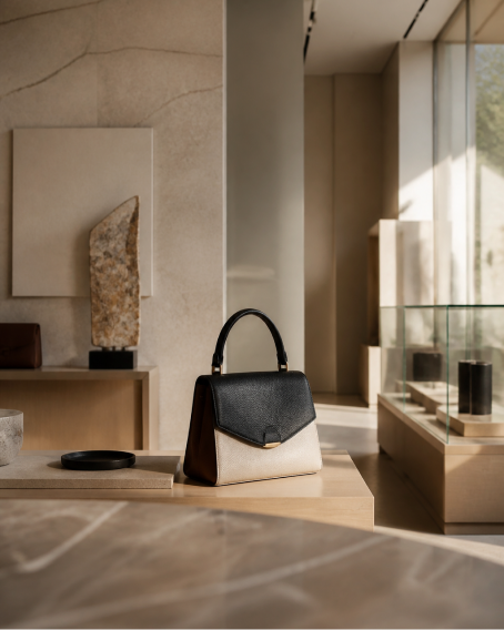 Black and beige Pakito handbag displayed in a modern interior