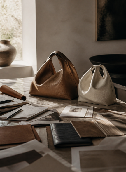 Pakito handbags and material samples arranged on a design table