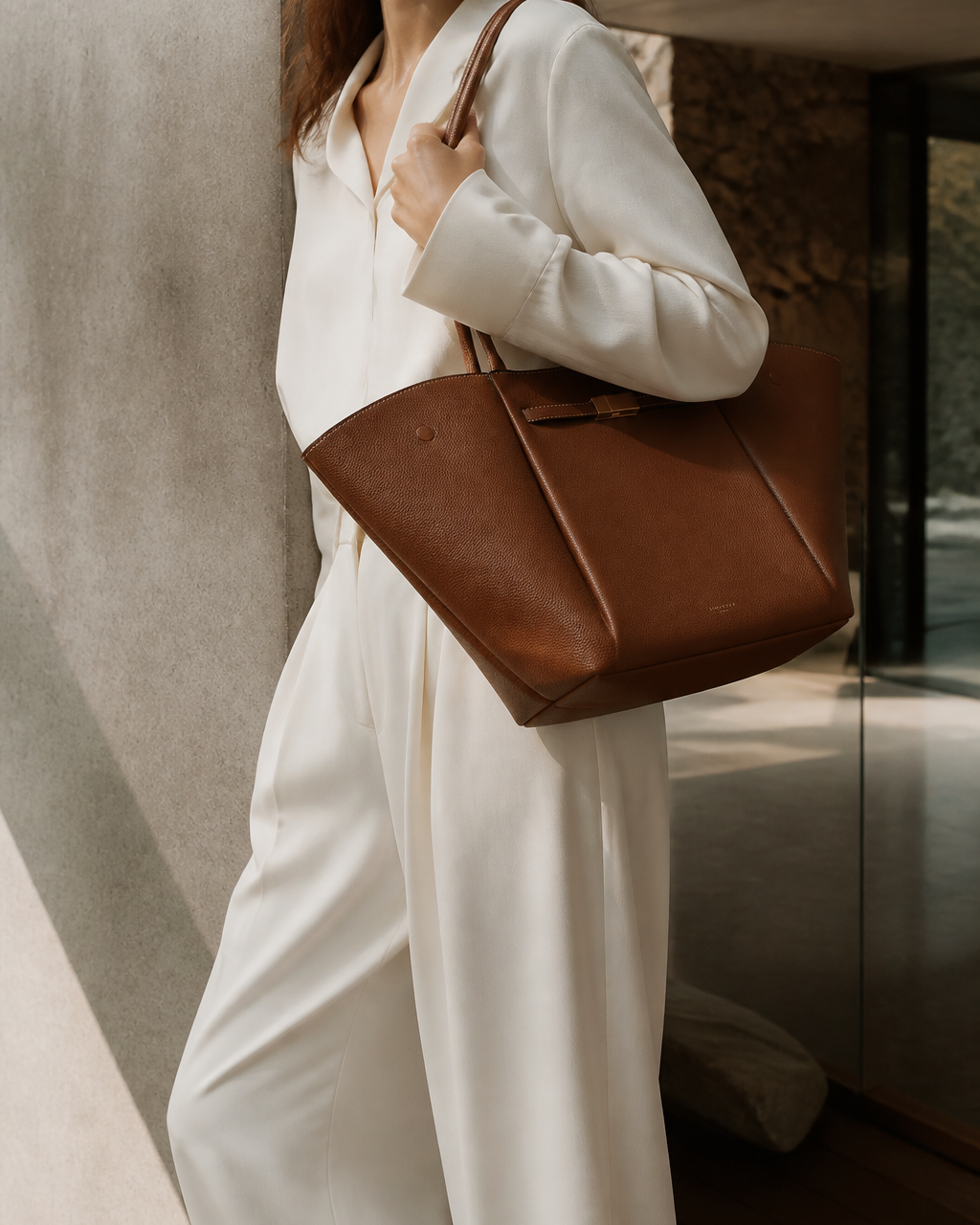 Tote bag worn over a white outfit
